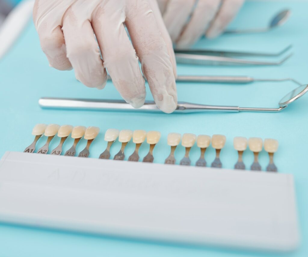Disinfected dentist tools and veneers color palette